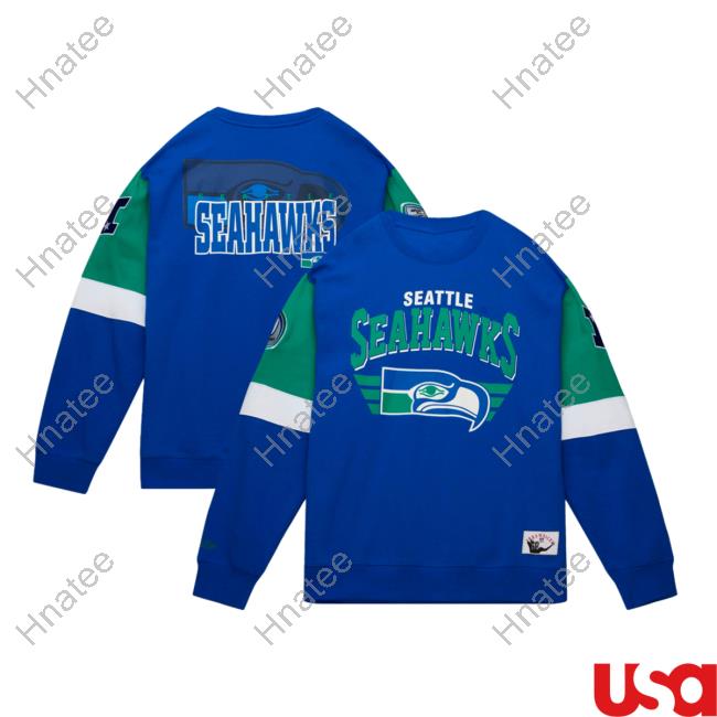 Mitchell & Ness Royal Seattle Seahawks Gridiron Classics All Over Print 3.0 Crewneck