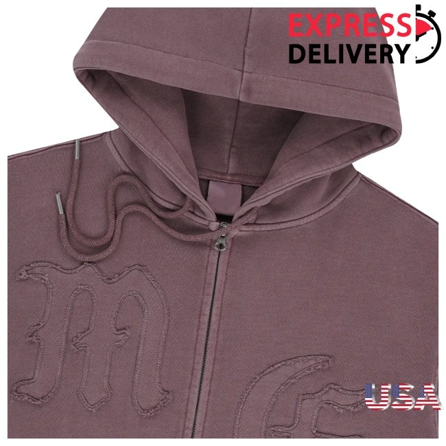 Big Gothic Cut Off Pigment Zip Hood Up Hoodie Burgundy