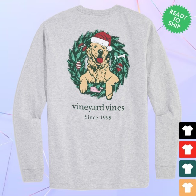 Vineyard Vines Golden Retriever Wreath Long-Sleeve Pocket Tee Long Sleeve Tee
