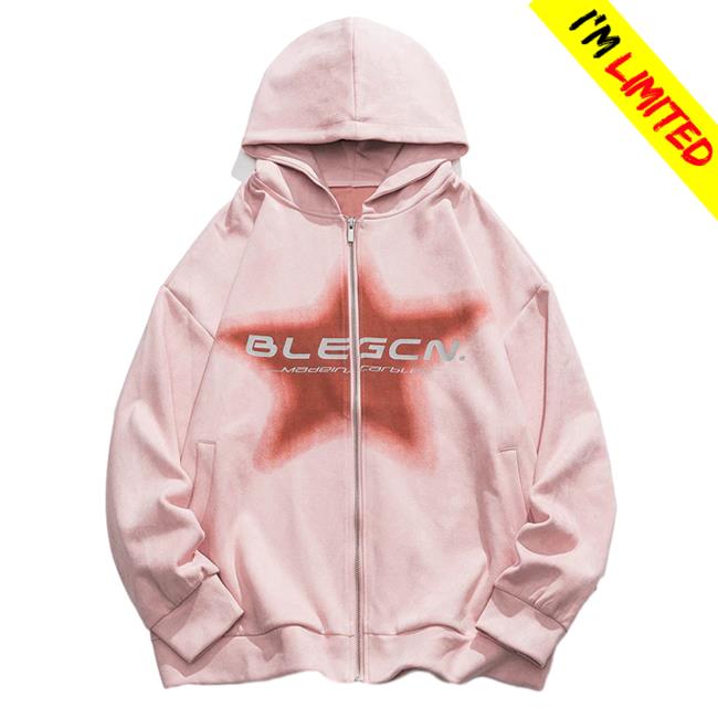 Lemandik Zipper Suede Pink Hooded Sweatshirt Tie Dye Star