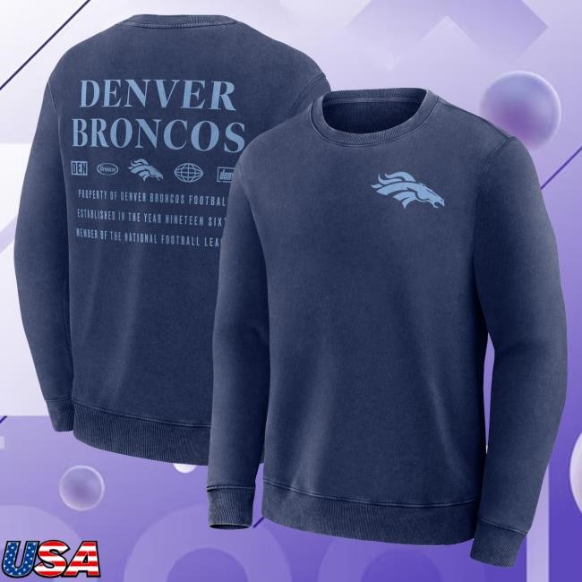 Official Denver Broncos Merch Men's Fanatics Navy Denver Broncos Deep Route Crew Neck DenverBroncos