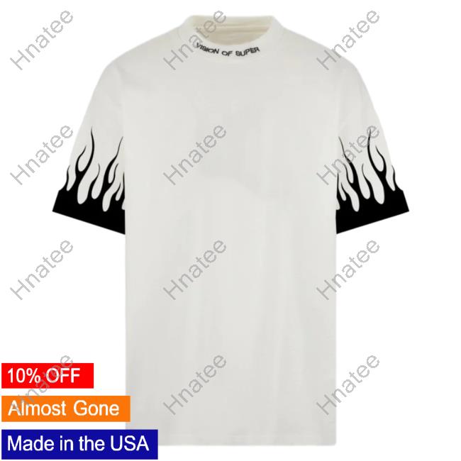 Official Vision Of Super White Tee Shirt With Printed Black Flames