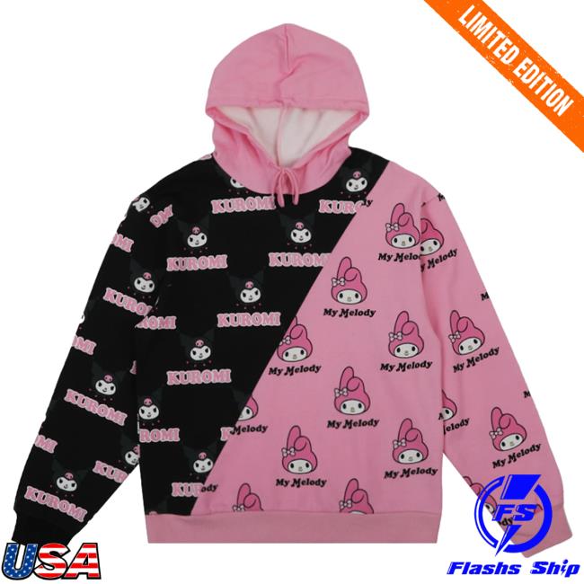 Official Sanrio Apparel Clothing Merch Store Shop My Melody & Kuromi X Dumbgood Pattern Split Hooded Sweatshirt