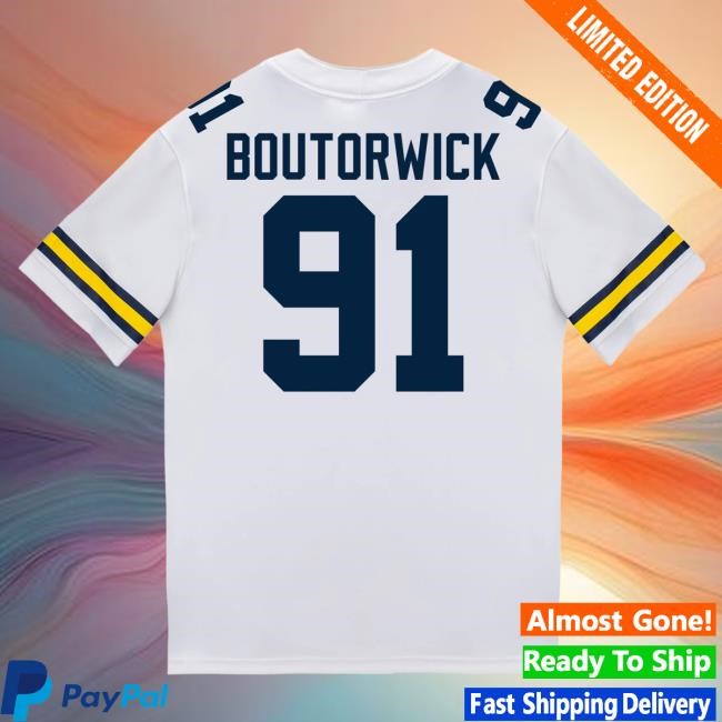 The M Den Michigan Wolverines #91 Evan Boutorwick Student Athlete White Football Jersey Shirt