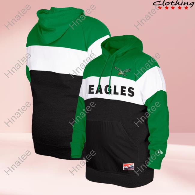 Official PhiladelphiaEagles Clothing Merch Store Shop New Era Kelly Green Philadelphia Eagles Throwback Colorblocked Hoodies 3D