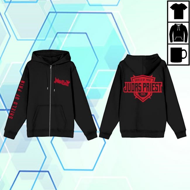 Official Judas Priest Merch Shield of Pain Badge Zip Pullover Hoodie